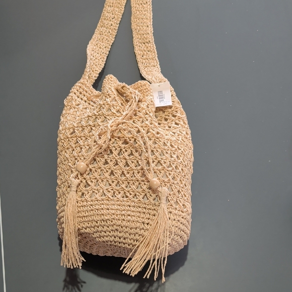 Handbags - Handwoven Beige Crochet Bucket Bag with Tassels